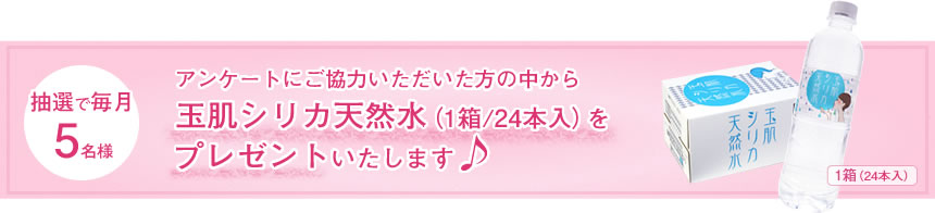 抽選で毎月5名様 アンケートにご協力いただいた方の中から玉肌シリカ天然水（1箱/24本入）をプレゼントいたします
